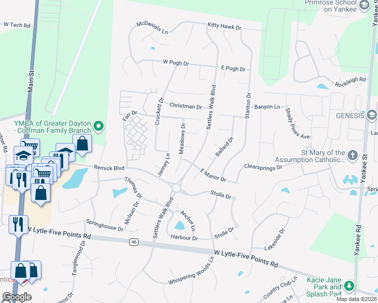map of restaurants, bars, coffee shops, grocery stores, and more near 85 Glass Court in Springboro