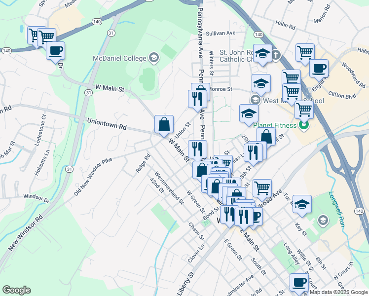 map of restaurants, bars, coffee shops, grocery stores, and more near 166 West Main Street in Westminster