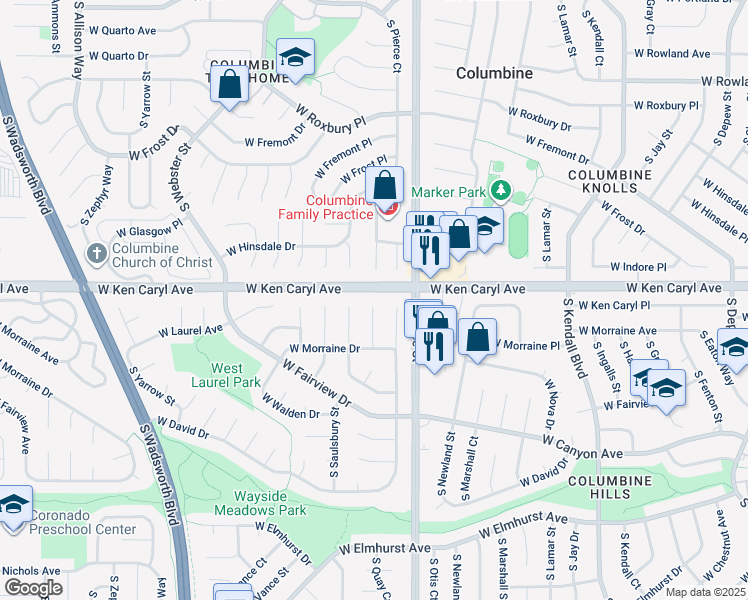 map of restaurants, bars, coffee shops, grocery stores, and more near 7542 South Quay Court in Littleton