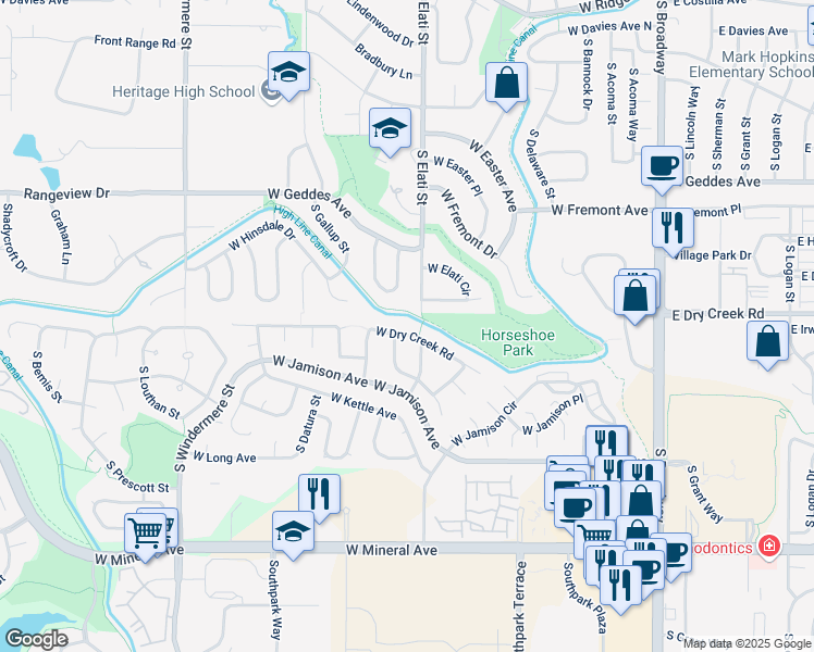 map of restaurants, bars, coffee shops, grocery stores, and more near 1061 West Dry Creek Road in Littleton
