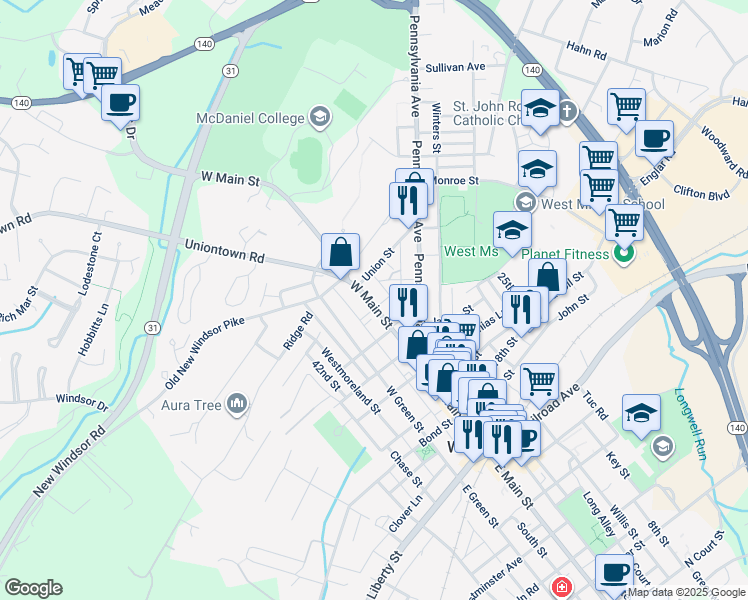 map of restaurants, bars, coffee shops, grocery stores, and more near 172 West Main Street in Westminster