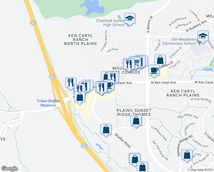 map of restaurants, bars, coffee shops, grocery stores, and more near 12512 West Ken Caryl Avenue in Littleton