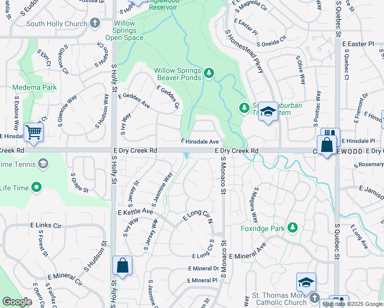 map of restaurants, bars, coffee shops, grocery stores, and more near 6357 East Jamison Circle North in Centennial