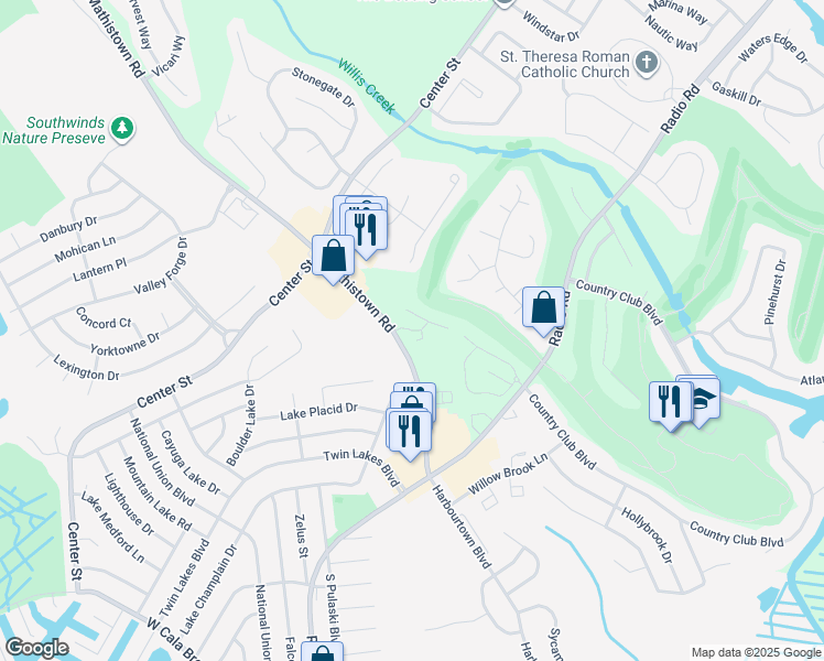 map of restaurants, bars, coffee shops, grocery stores, and more near 1 Red Oak Lane in Little Egg Harbor Township