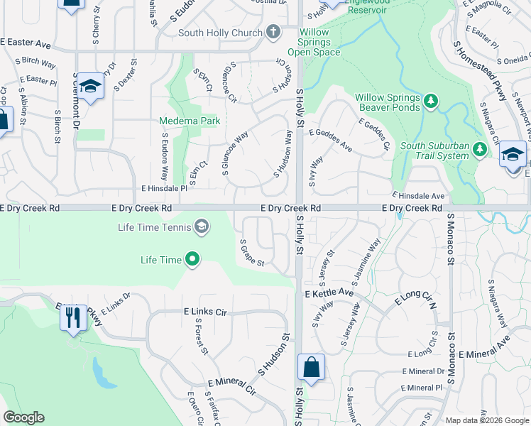 map of restaurants, bars, coffee shops, grocery stores, and more near 5459 East Dry Creek Circle in Centennial