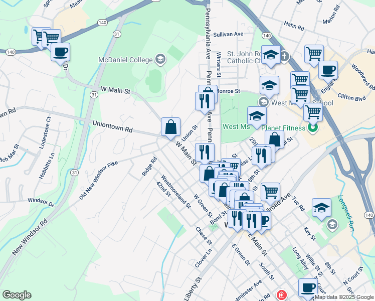map of restaurants, bars, coffee shops, grocery stores, and more near 172 West Main Street in Westminster