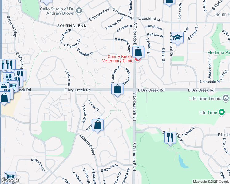 map of restaurants, bars, coffee shops, grocery stores, and more near 7510 South Jackson Street in Centennial