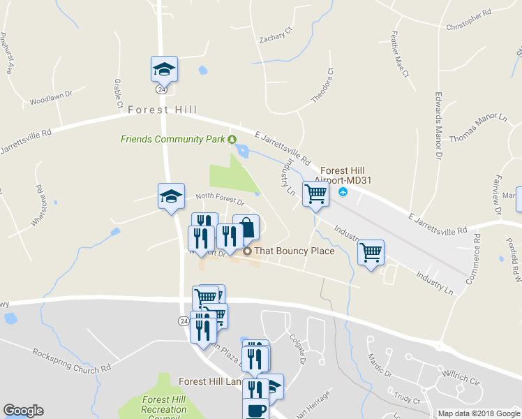 map of restaurants, bars, coffee shops, grocery stores, and more near 42 North Forest Drive in Forest Hill