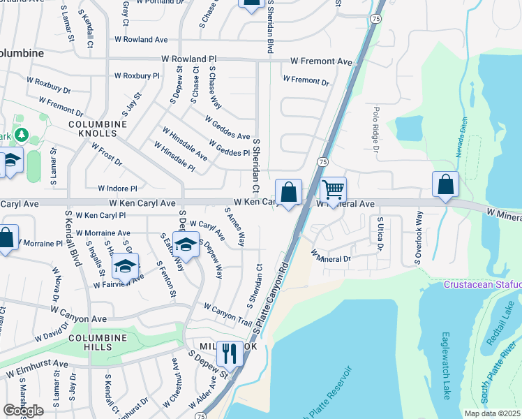 map of restaurants, bars, coffee shops, grocery stores, and more near 5300 West Ken Caryl Avenue in Littleton