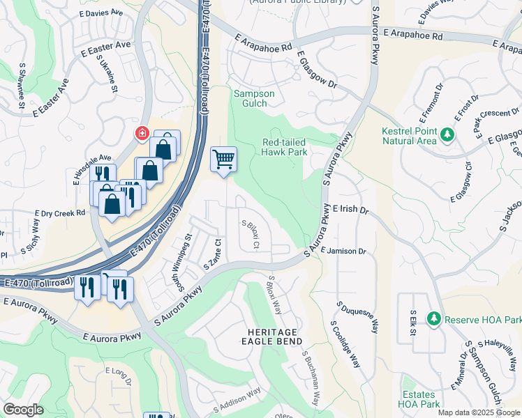 map of restaurants, bars, coffee shops, grocery stores, and more near 7518 South Biloxi Way in Aurora