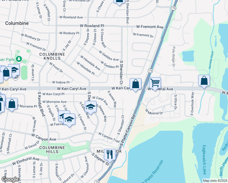 map of restaurants, bars, coffee shops, grocery stores, and more near 5350 West Ken Caryl Avenue in Littleton