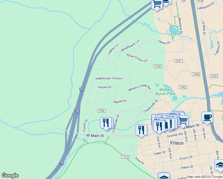 map of restaurants, bars, coffee shops, grocery stores, and more near 190 Aspen Drive in Frisco