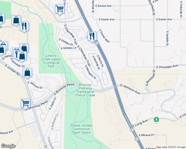 map of restaurants, bars, coffee shops, grocery stores, and more near 7442 South Memphis Street in Aurora