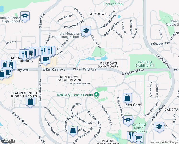 map of restaurants, bars, coffee shops, grocery stores, and more near 7523 South Mount Zirkel in Littleton