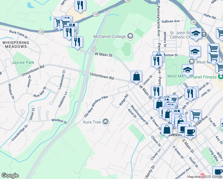 map of restaurants, bars, coffee shops, grocery stores, and more near 30 Bella Vita Court in Westminster
