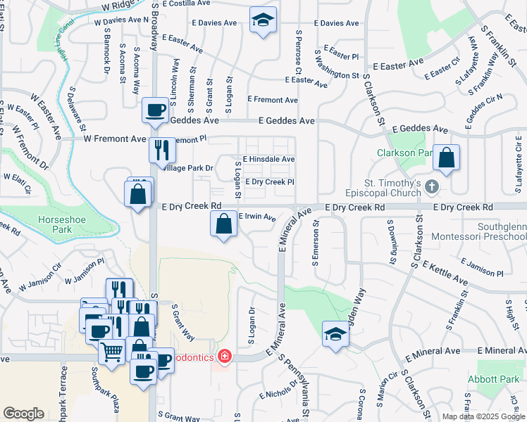 map of restaurants, bars, coffee shops, grocery stores, and more near 546 East Dry Creek Road in Littleton