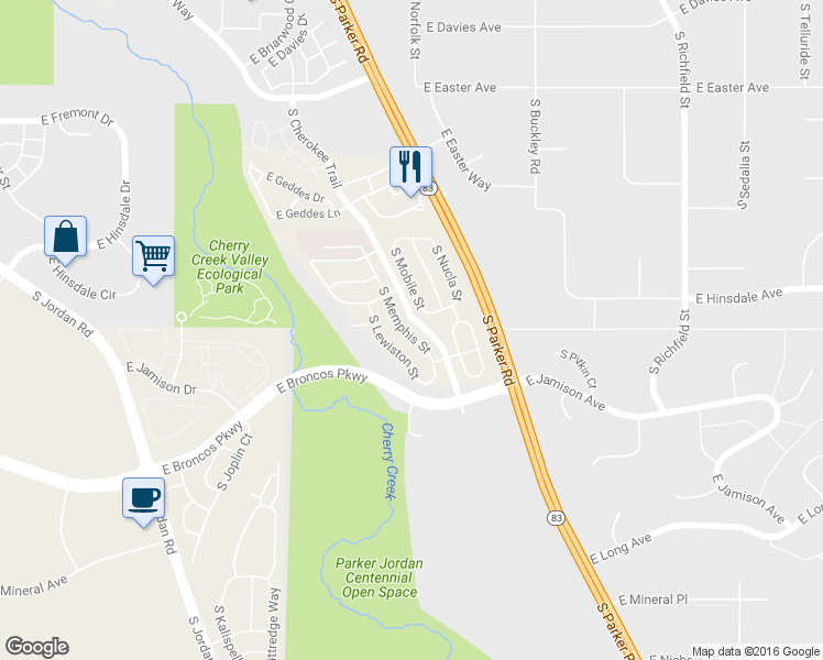 map of restaurants, bars, coffee shops, grocery stores, and more near 7419 South Memphis Street in Aurora