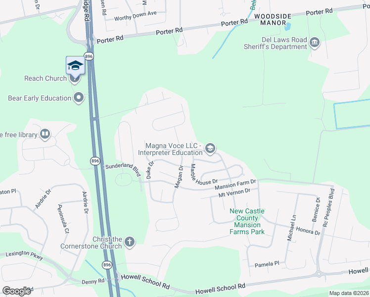 map of restaurants, bars, coffee shops, grocery stores, and more near 123 Marble House Drive in Bear