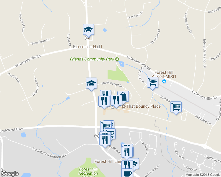map of restaurants, bars, coffee shops, grocery stores, and more near 2212 Tory Way in Forest Hill
