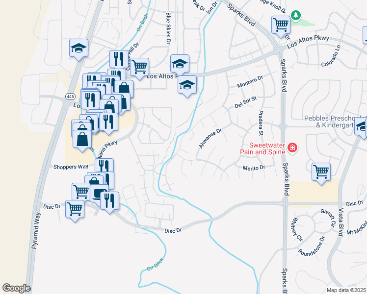 map of restaurants, bars, coffee shops, grocery stores, and more near 726 Tempiute Court in Sparks