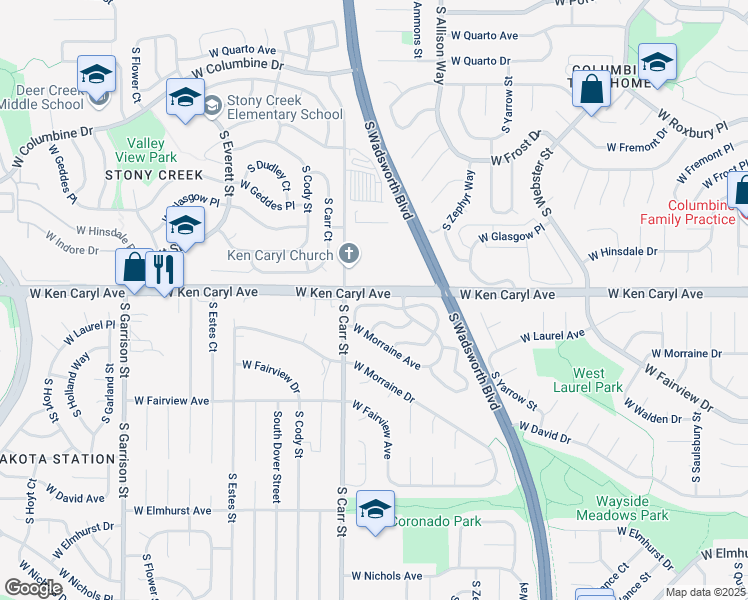 map of restaurants, bars, coffee shops, grocery stores, and more near 8325 West Ken Caryl Place in Littleton