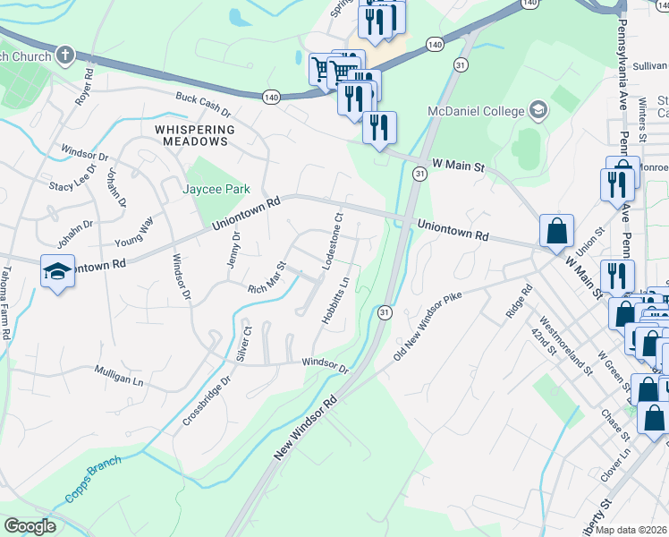 map of restaurants, bars, coffee shops, grocery stores, and more near 265 Lodestone Court in Westminster