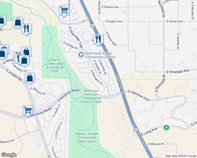 map of restaurants, bars, coffee shops, grocery stores, and more near 7419 South Memphis Street in Aurora