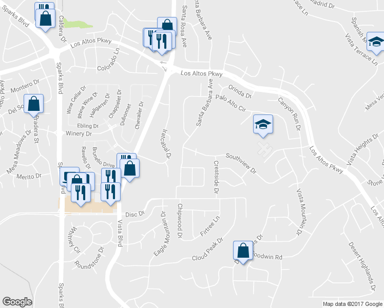 map of restaurants, bars, coffee shops, grocery stores, and more near 1525 Southview Drive in Sparks