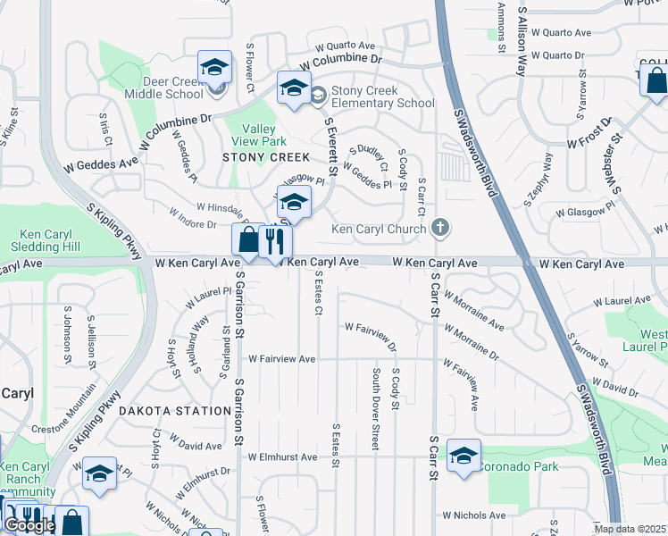 map of restaurants, bars, coffee shops, grocery stores, and more near 8800 West Ken Caryl Avenue in Littleton