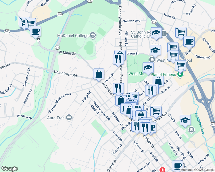 map of restaurants, bars, coffee shops, grocery stores, and more near 176 West Main Street in Westminster