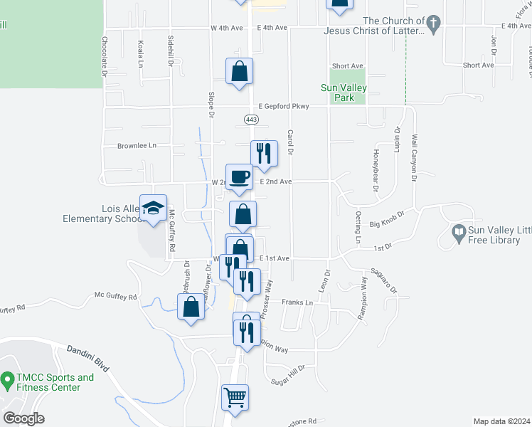 map of restaurants, bars, coffee shops, grocery stores, and more near 5152 Sun Valley Boulevard in Sun Valley