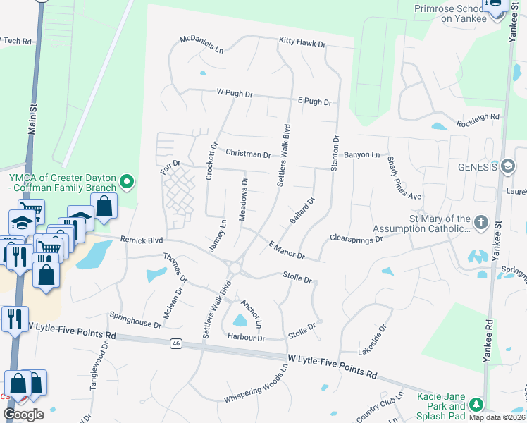 map of restaurants, bars, coffee shops, grocery stores, and more near 85 Glass Court in Springboro
