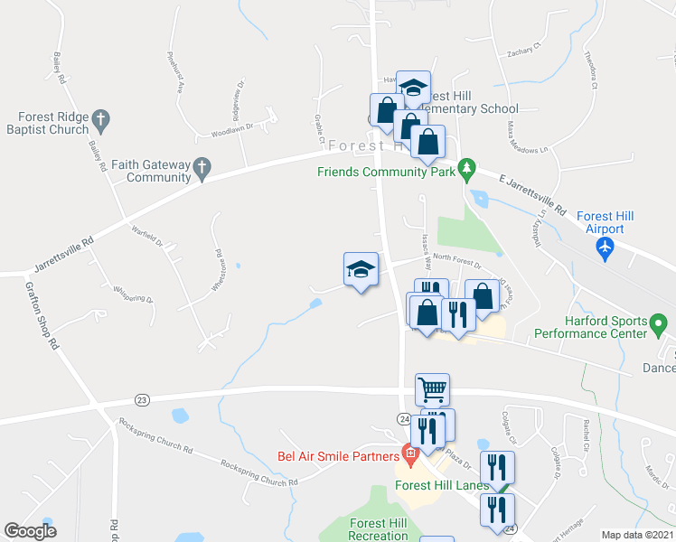 map of restaurants, bars, coffee shops, grocery stores, and more near 2240 Rock Spring Road in Forest Hill