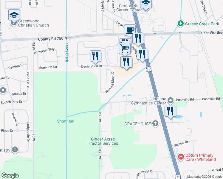 map of restaurants, bars, coffee shops, grocery stores, and more near 2517 Harvest Moon Drive in Greenwood