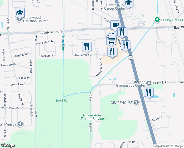 map of restaurants, bars, coffee shops, grocery stores, and more near 2525 Summerwood Lane in Greenwood