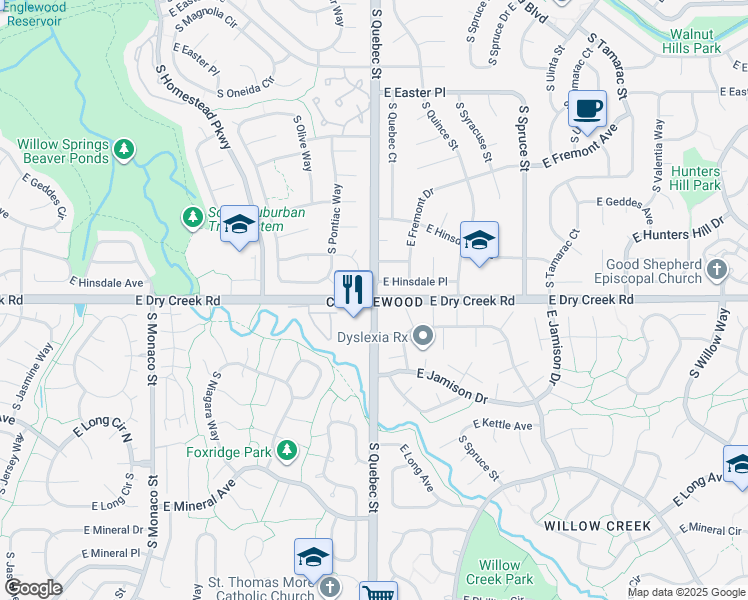map of restaurants, bars, coffee shops, grocery stores, and more near S Quebec St & E Dry Creek Rd in Centennial