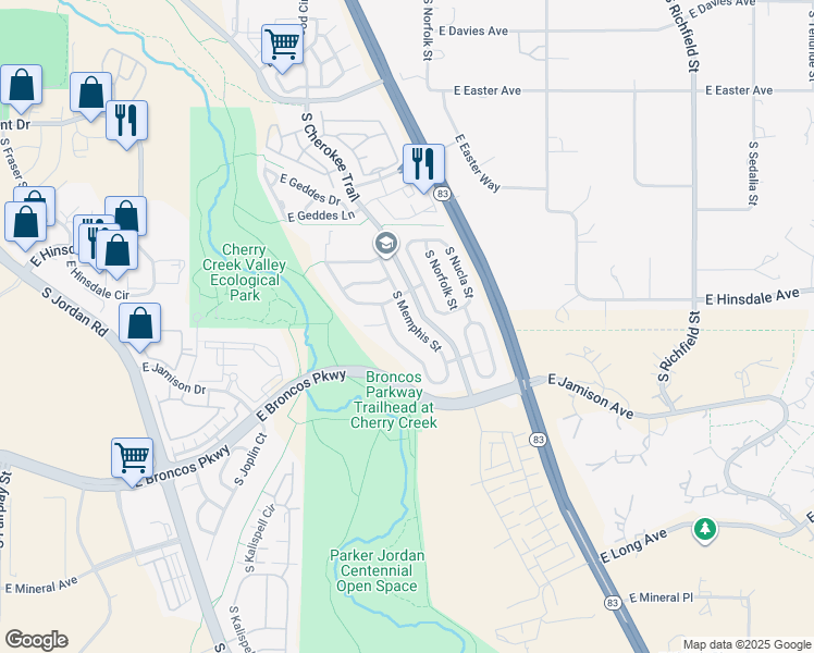 map of restaurants, bars, coffee shops, grocery stores, and more near 7419 S Memphis St in Aurora