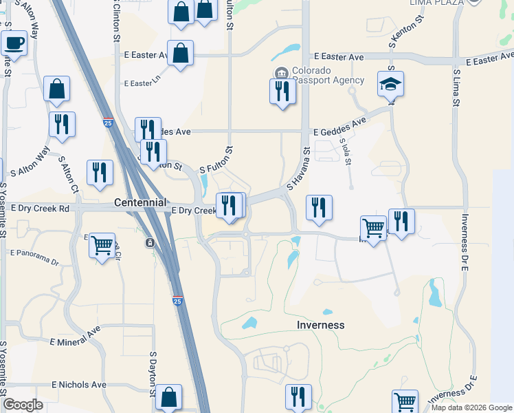 map of restaurants, bars, coffee shops, grocery stores, and more near 10200 East Dry Creek Road in Englewood