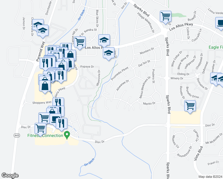 map of restaurants, bars, coffee shops, grocery stores, and more near 4848 Mato Court in Sparks