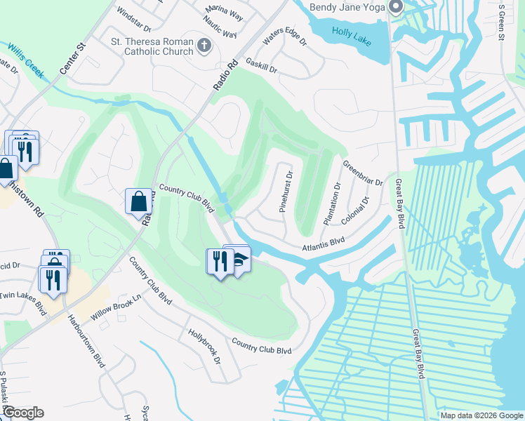 map of restaurants, bars, coffee shops, grocery stores, and more near 6 Pinehurst Drive in Tuckerton