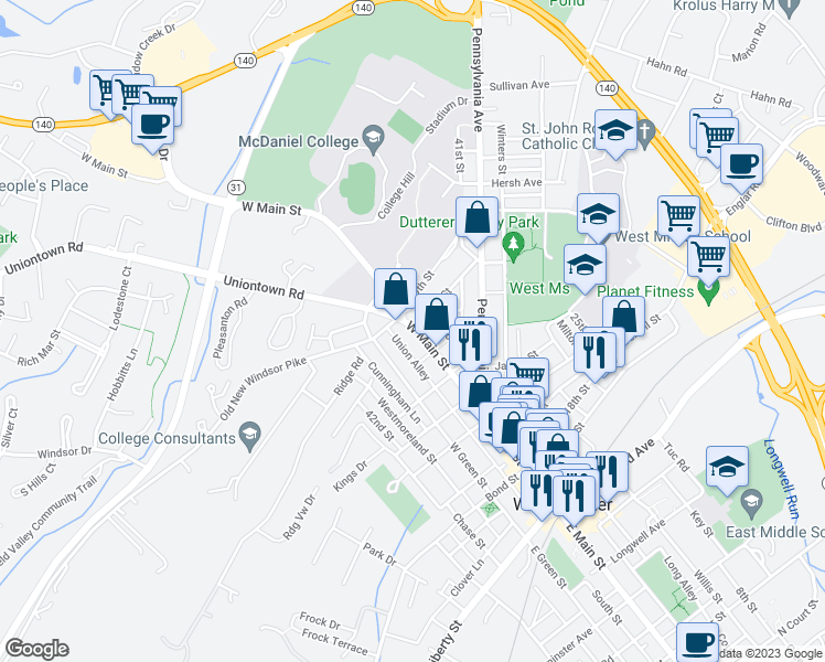 map of restaurants, bars, coffee shops, grocery stores, and more near 183 West Main Street in Westminster