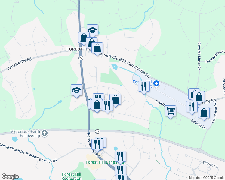 map of restaurants, bars, coffee shops, grocery stores, and more near 29 North Forest Drive in Forest Hill