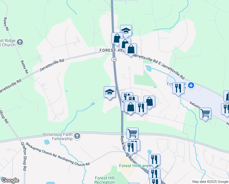 map of restaurants, bars, coffee shops, grocery stores, and more near 2238B Rock Spring Road in Forest Hill