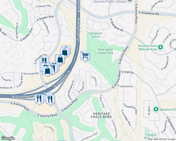 map of restaurants, bars, coffee shops, grocery stores, and more near 23301 East Dry Creek Circle in Aurora