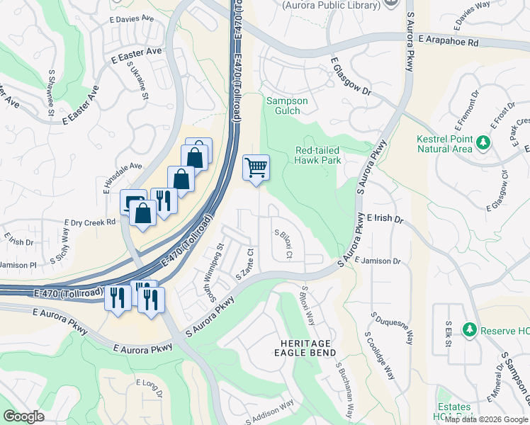 map of restaurants, bars, coffee shops, grocery stores, and more near 23301 East Dry Creek Circle in Aurora