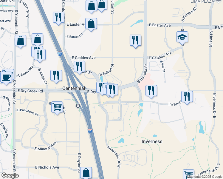 map of restaurants, bars, coffee shops, grocery stores, and more near 10200 East Dry Creek Road in Englewood