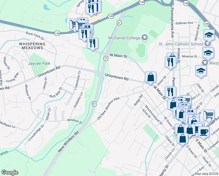 map of restaurants, bars, coffee shops, grocery stores, and more near 465 Pleasanton Road in Westminster