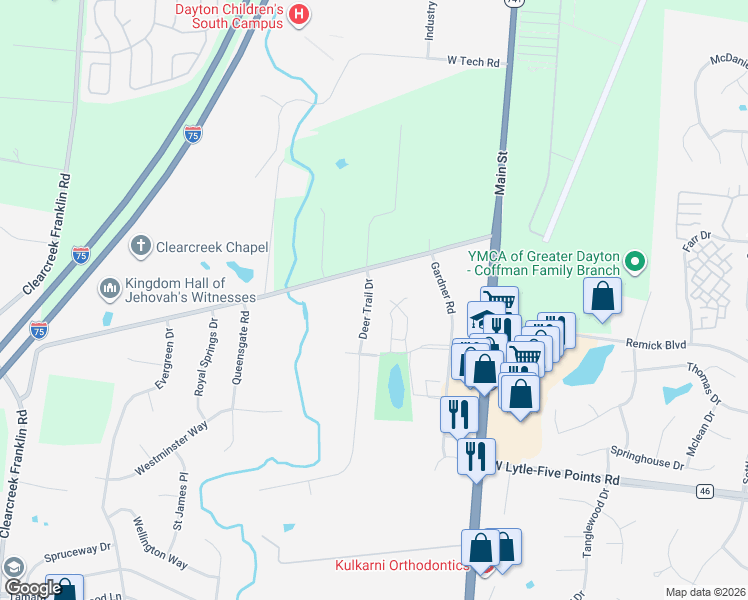 map of restaurants, bars, coffee shops, grocery stores, and more near 40 Deer Trail Drive in Springboro