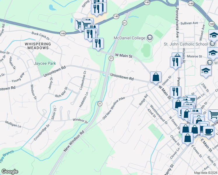 map of restaurants, bars, coffee shops, grocery stores, and more near 345 Pleasanton Road in Westminster