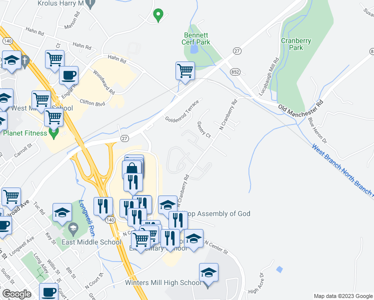 map of restaurants, bars, coffee shops, grocery stores, and more near 206 Gallatin Court in Westminster